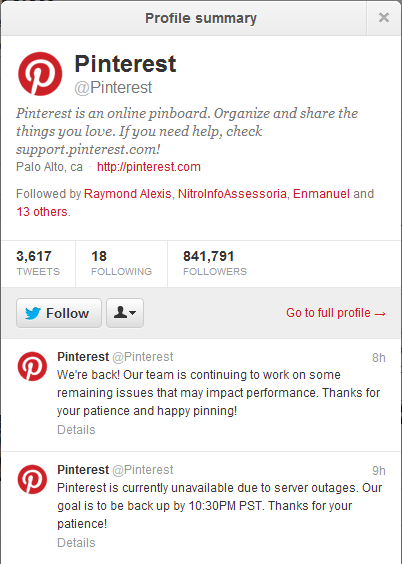 pinterest outage 06 29 2012