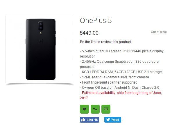 OnePlus 5 Leaked Ahead of Schedule at Online Retailer