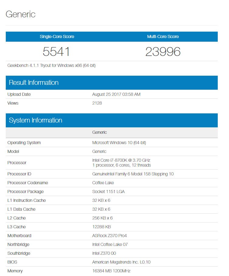 Intel Core i7-8700K, i7-8700, i5-8400 Geekbench Benchmarks Leaked